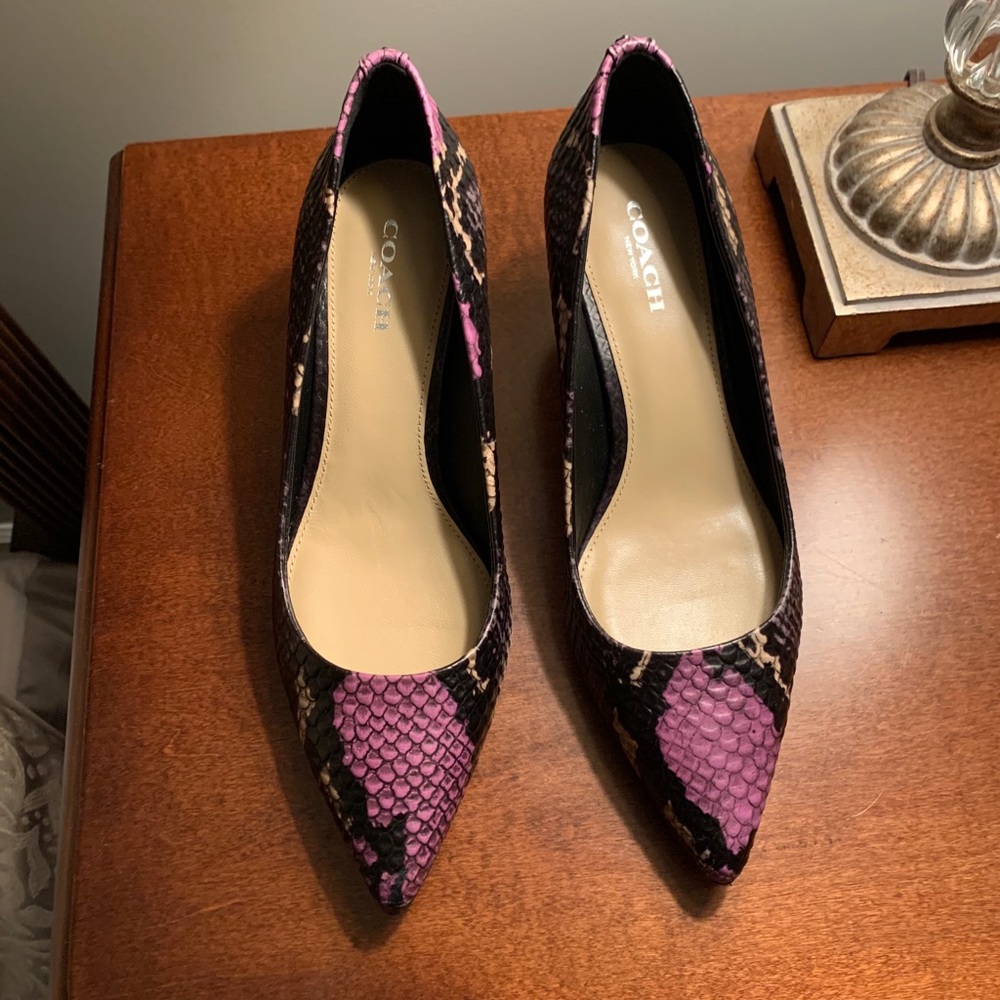 Purple and black snakeskin Coach pumps